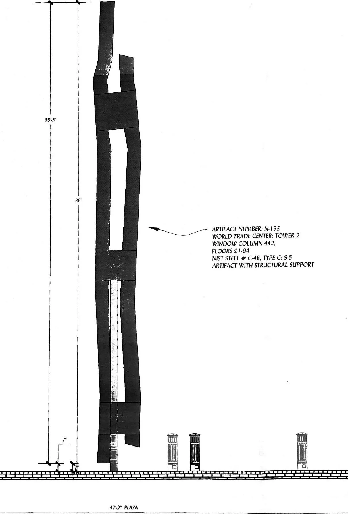 Elevation drawing of the 9/11 Memorial in Milton: a bent steel column on a plaza